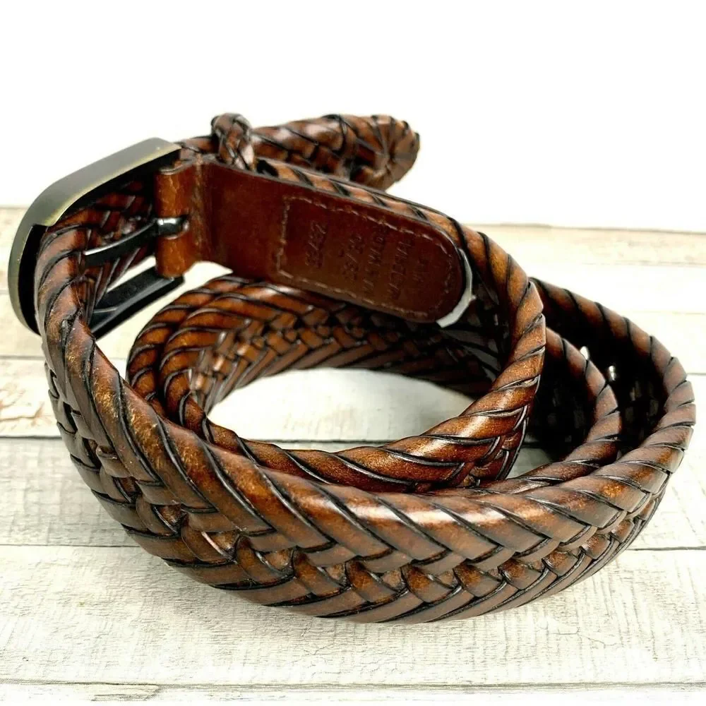 VINTAGE BRAIDED BROWN THICK BUCKLE GENUINE LEATHER CASUAL WOMEN`S BELT Sz L (50M